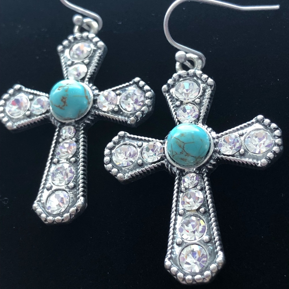 🆕 Turquoise & Rhinestone Cross Earrings - Picture 2 of 6